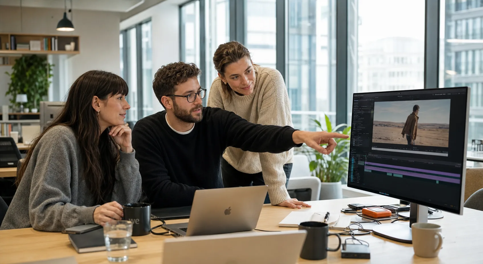 Team van iCasting overlegt aan een tafel met moodboards op kantoor