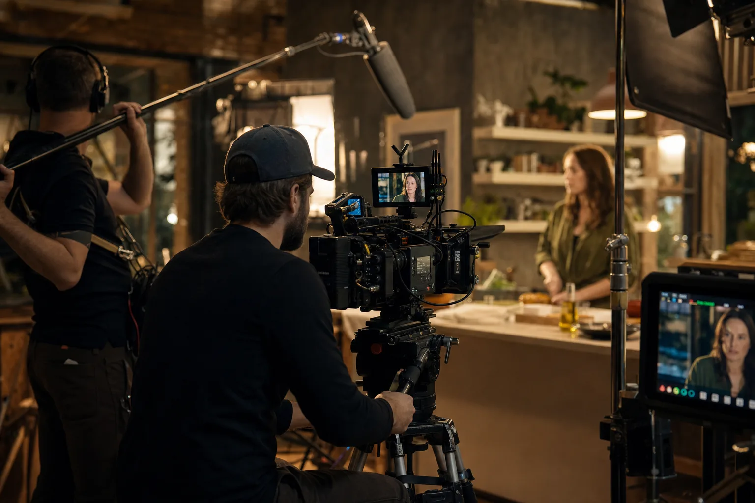 Filmcrew op set tijdens een opname voor een productiehuis