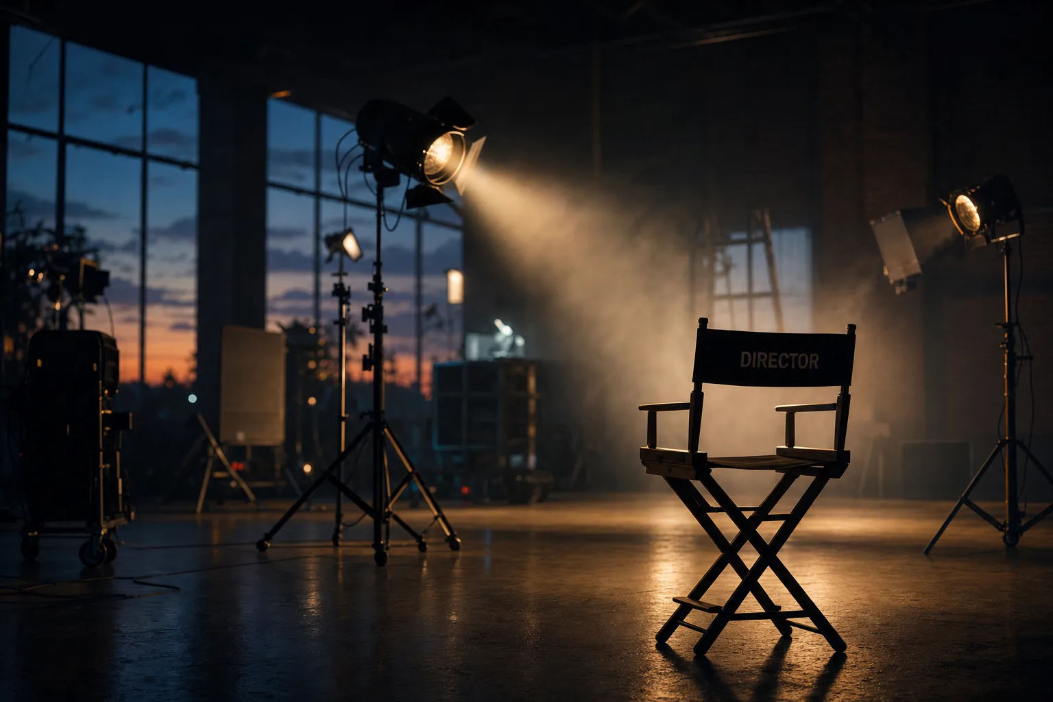 Filmset met talent en crew tijdens een shoot, sfeervol belicht