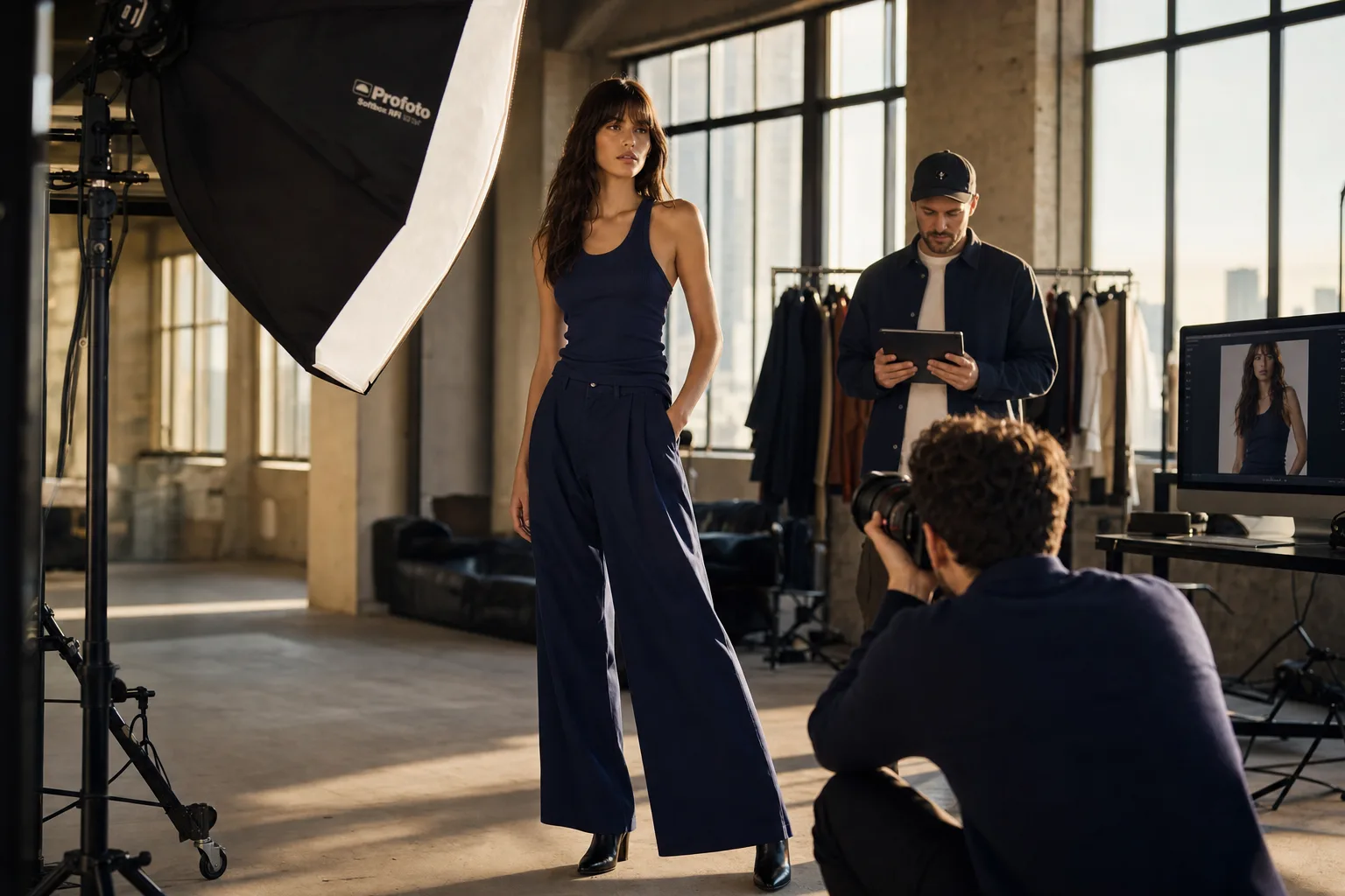 Fotoshoot op locatie met een model en filmploeg tijdens een castingopdracht